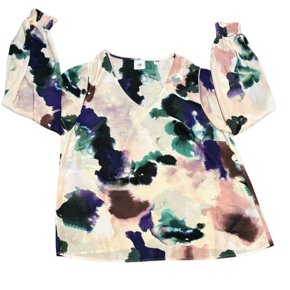 CAbi Abstract Floral Blouse Women M V Neck Long Sleeve Soft‎ Luxe Top